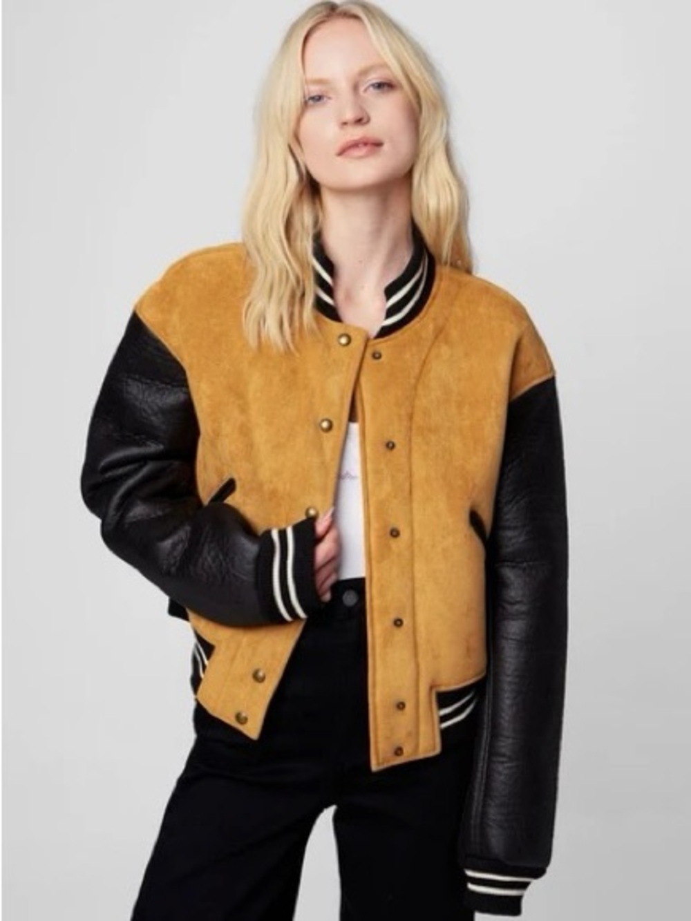 NWT [BLANKNYC] Booksmart Varsity Bomber Jacket Faux Suede Leather Sherpa